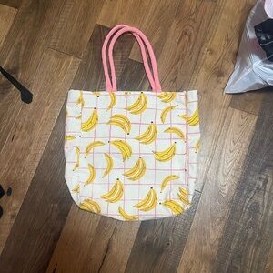 Banana Print Tote Bag with Pink Handles
